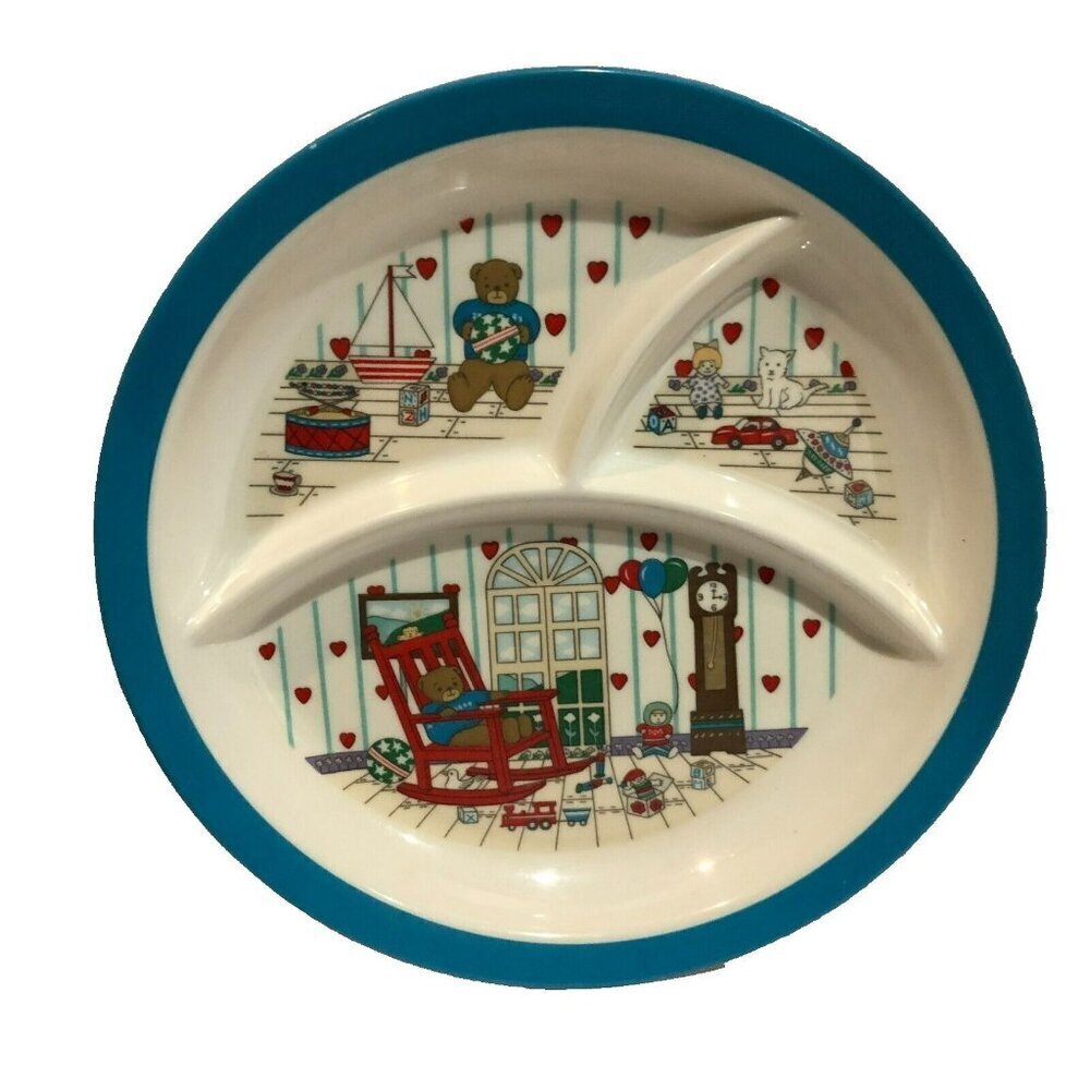 Teddy Bear 10” Plate 3 Compartment Round Melamine Vintage Taiwan